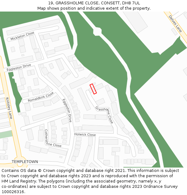 19, GRASSHOLME CLOSE, CONSETT, DH8 7UL: Location map and indicative extent of plot