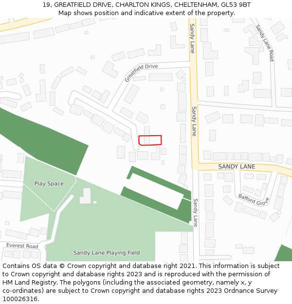 19, GREATFIELD DRIVE, CHARLTON KINGS, CHELTENHAM, GL53 9BT: Location map and indicative extent of plot