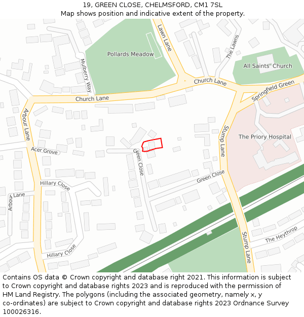 19, GREEN CLOSE, CHELMSFORD, CM1 7SL: Location map and indicative extent of plot