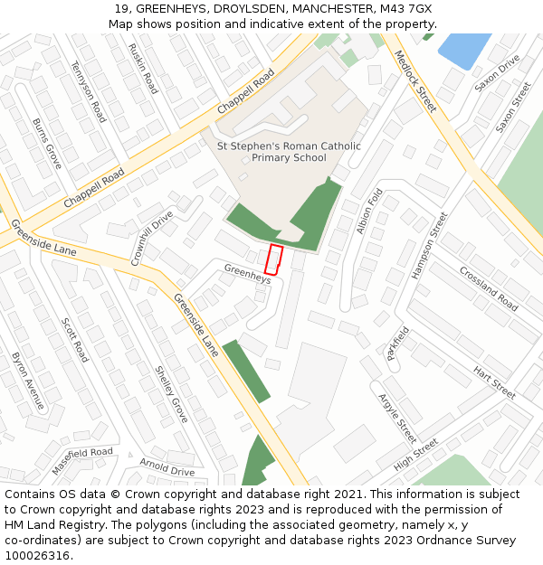 19, GREENHEYS, DROYLSDEN, MANCHESTER, M43 7GX: Location map and indicative extent of plot