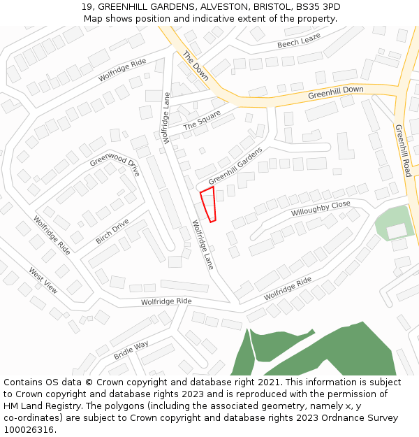 19, GREENHILL GARDENS, ALVESTON, BRISTOL, BS35 3PD: Location map and indicative extent of plot