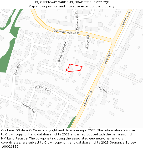 19, GREENWAY GARDENS, BRAINTREE, CM77 7QB: Location map and indicative extent of plot