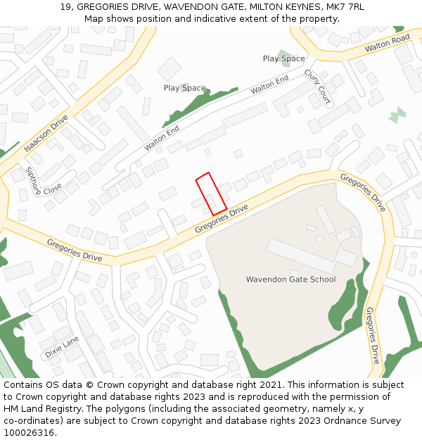 19, GREGORIES DRIVE, WAVENDON GATE, MILTON KEYNES, MK7 7RL: Location map and indicative extent of plot
