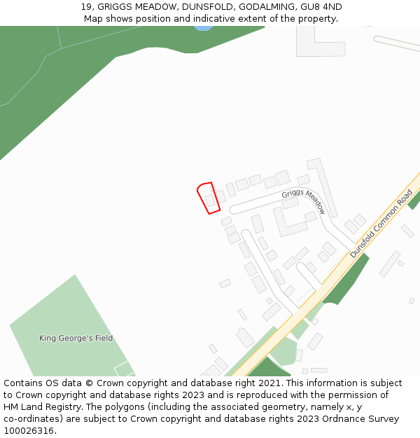 19, GRIGGS MEADOW, DUNSFOLD, GODALMING, GU8 4ND: Location map and indicative extent of plot