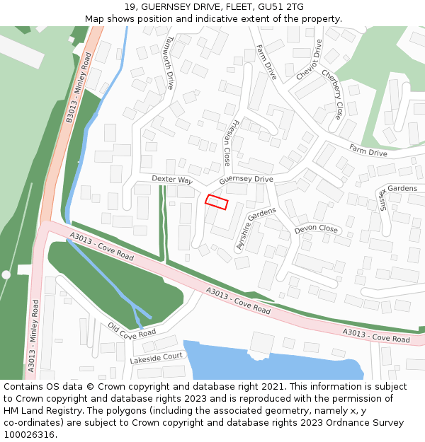 19, GUERNSEY DRIVE, FLEET, GU51 2TG: Location map and indicative extent of plot