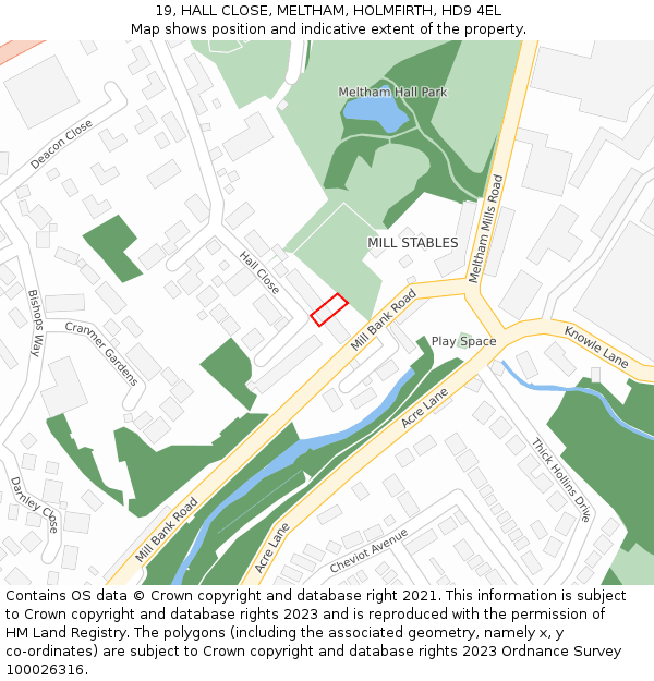 19, HALL CLOSE, MELTHAM, HOLMFIRTH, HD9 4EL: Location map and indicative extent of plot
