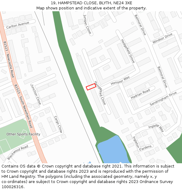 19, HAMPSTEAD CLOSE, BLYTH, NE24 3XE: Location map and indicative extent of plot