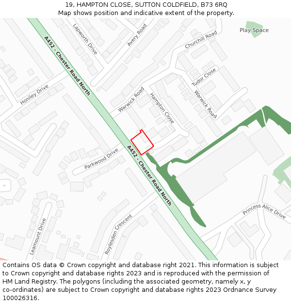 19, HAMPTON CLOSE, SUTTON COLDFIELD, B73 6RQ: Location map and indicative extent of plot