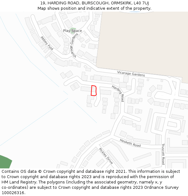 19, HARDING ROAD, BURSCOUGH, ORMSKIRK, L40 7UJ: Location map and indicative extent of plot