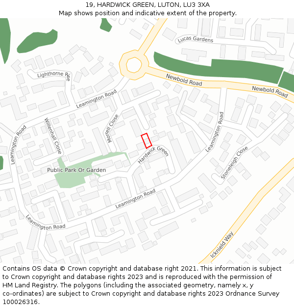 19, HARDWICK GREEN, LUTON, LU3 3XA: Location map and indicative extent of plot