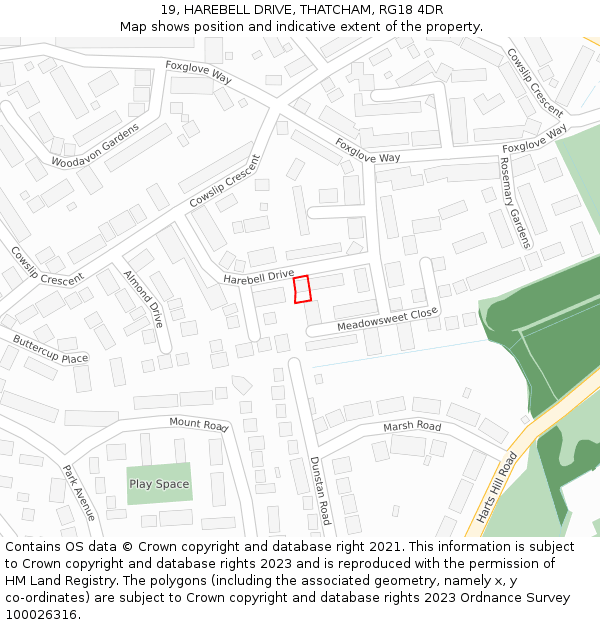 19, HAREBELL DRIVE, THATCHAM, RG18 4DR: Location map and indicative extent of plot