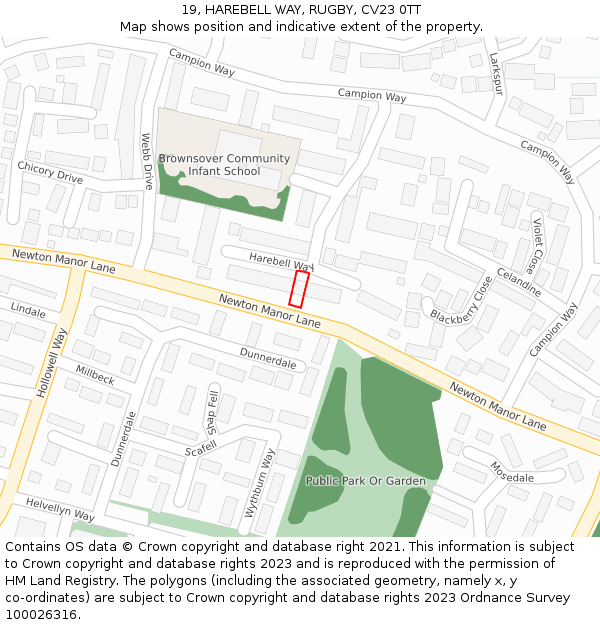 19, HAREBELL WAY, RUGBY, CV23 0TT: Location map and indicative extent of plot