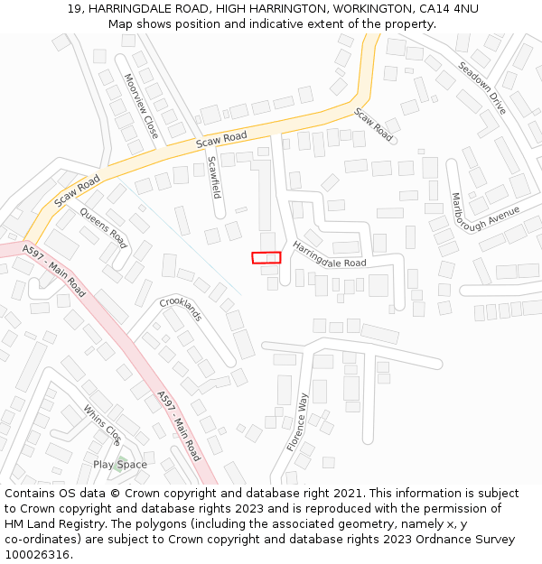 19, HARRINGDALE ROAD, HIGH HARRINGTON, WORKINGTON, CA14 4NU: Location map and indicative extent of plot