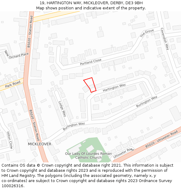 19, HARTINGTON WAY, MICKLEOVER, DERBY, DE3 9BH: Location map and indicative extent of plot