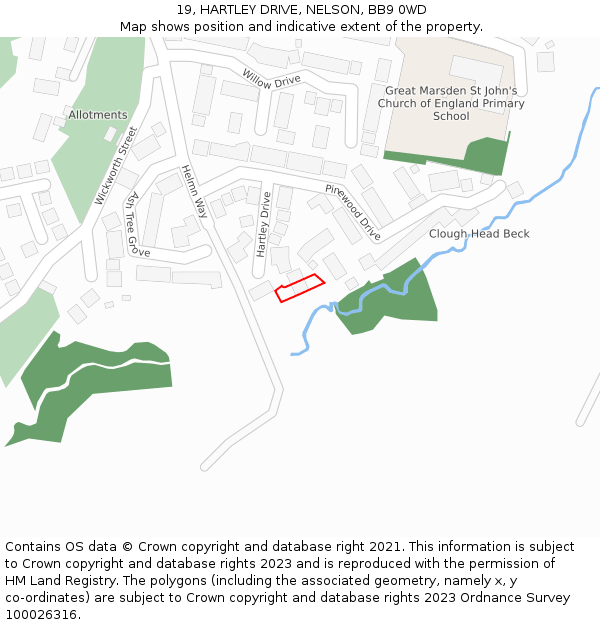 19, HARTLEY DRIVE, NELSON, BB9 0WD: Location map and indicative extent of plot