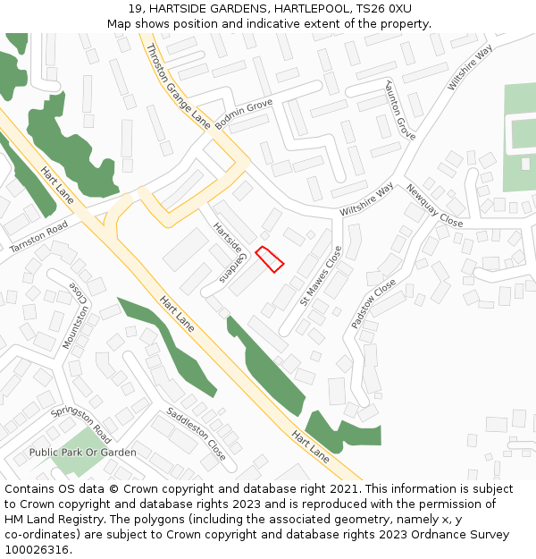 19, HARTSIDE GARDENS, HARTLEPOOL, TS26 0XU: Location map and indicative extent of plot