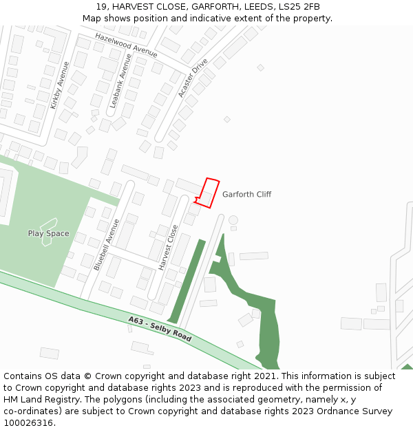 19, HARVEST CLOSE, GARFORTH, LEEDS, LS25 2FB: Location map and indicative extent of plot