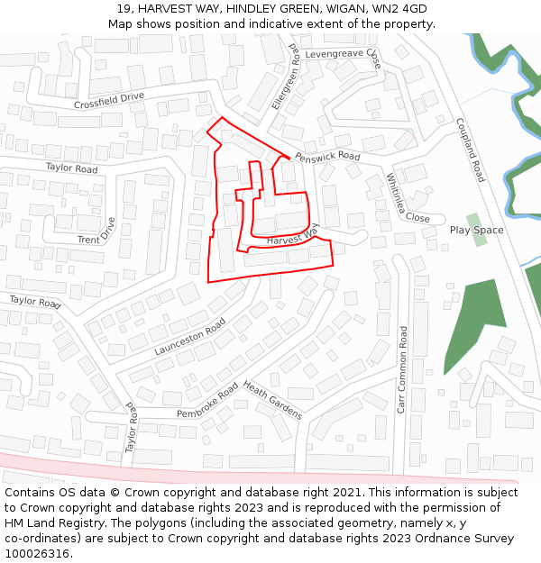 19, HARVEST WAY, HINDLEY GREEN, WIGAN, WN2 4GD: Location map and indicative extent of plot