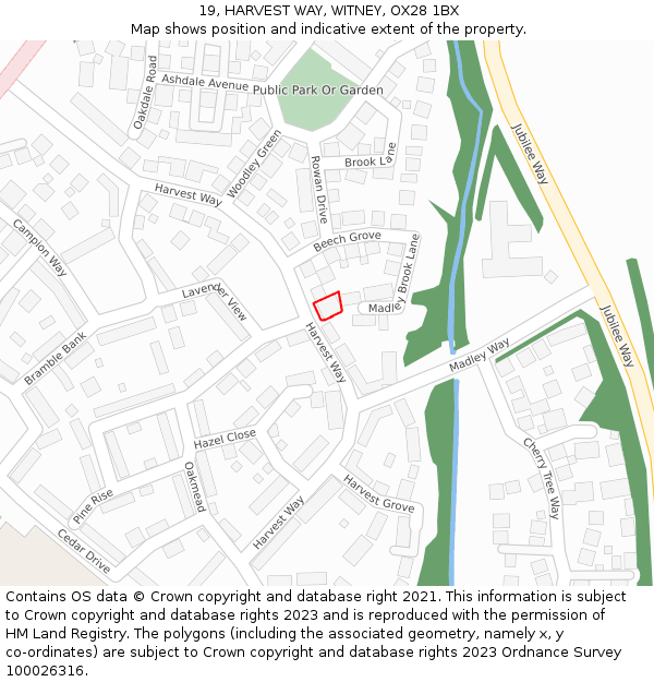 19, HARVEST WAY, WITNEY, OX28 1BX: Location map and indicative extent of plot