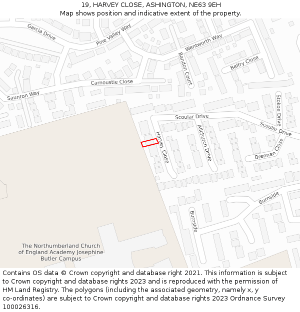 19, HARVEY CLOSE, ASHINGTON, NE63 9EH: Location map and indicative extent of plot