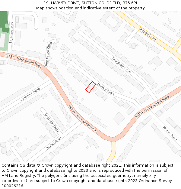 19, HARVEY DRIVE, SUTTON COLDFIELD, B75 6PL: Location map and indicative extent of plot