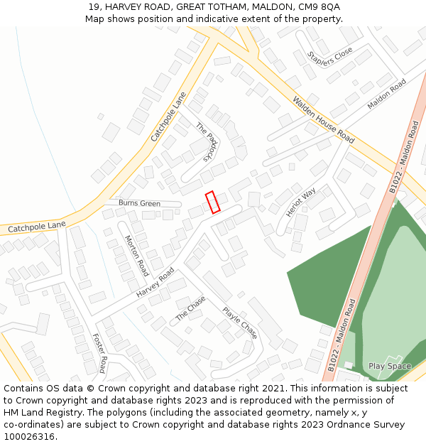 19, HARVEY ROAD, GREAT TOTHAM, MALDON, CM9 8QA: Location map and indicative extent of plot