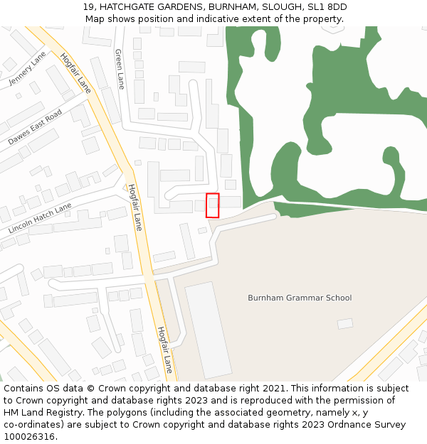 19, HATCHGATE GARDENS, BURNHAM, SLOUGH, SL1 8DD: Location map and indicative extent of plot