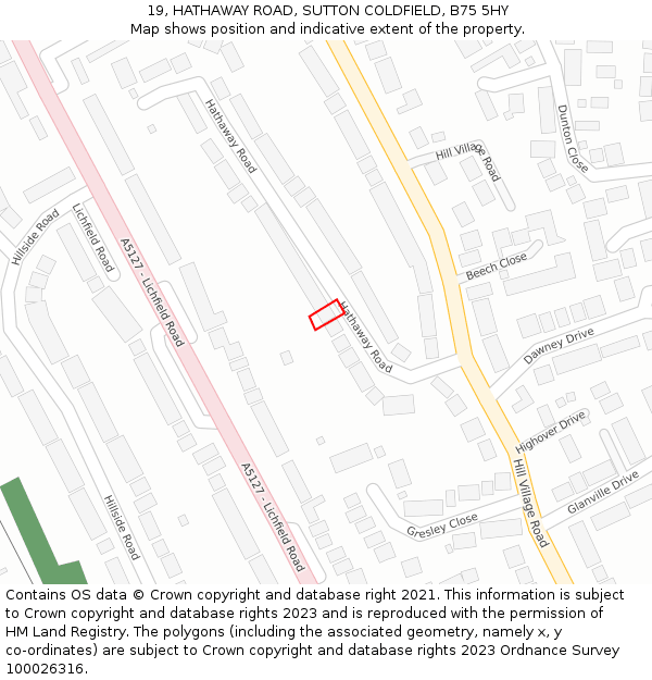 19, HATHAWAY ROAD, SUTTON COLDFIELD, B75 5HY: Location map and indicative extent of plot