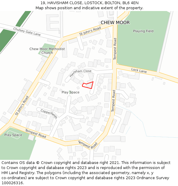 19, HAVISHAM CLOSE, LOSTOCK, BOLTON, BL6 4EN: Location map and indicative extent of plot