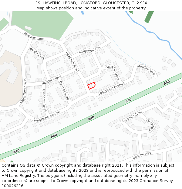 19, HAWFINCH ROAD, LONGFORD, GLOUCESTER, GL2 9FX: Location map and indicative extent of plot