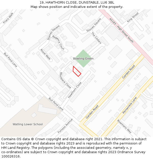 19, HAWTHORN CLOSE, DUNSTABLE, LU6 3BL: Location map and indicative extent of plot