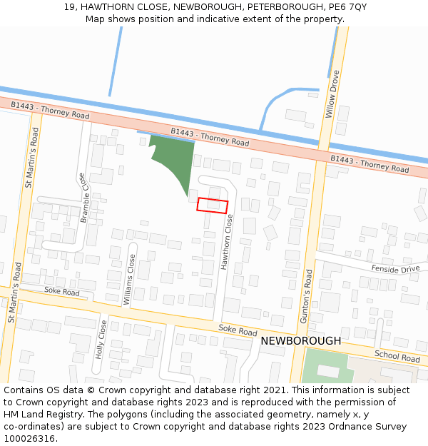 19, HAWTHORN CLOSE, NEWBOROUGH, PETERBOROUGH, PE6 7QY: Location map and indicative extent of plot