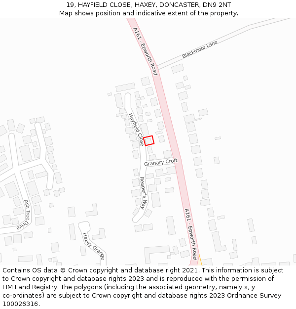 19, HAYFIELD CLOSE, HAXEY, DONCASTER, DN9 2NT: Location map and indicative extent of plot