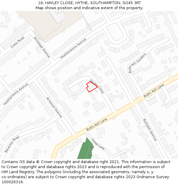 19, HAYLEY CLOSE, HYTHE, SOUTHAMPTON, SO45 3RT: Location map and indicative extent of plot