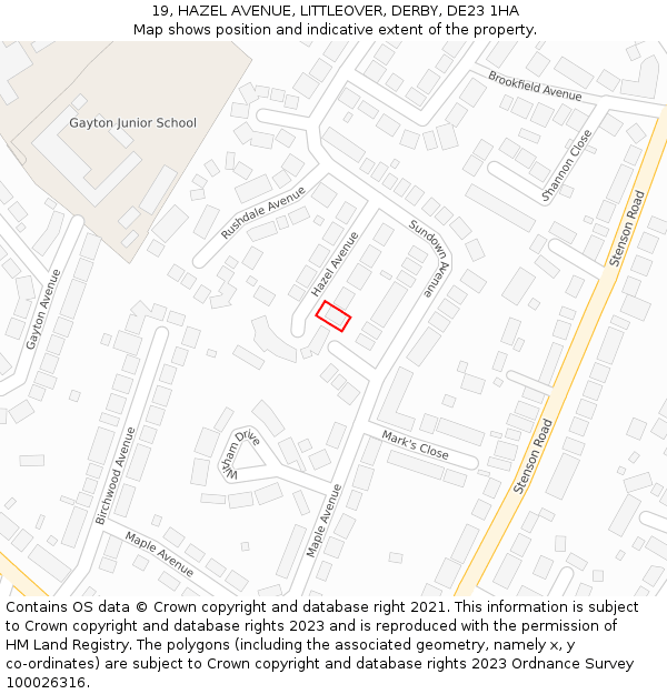19, HAZEL AVENUE, LITTLEOVER, DERBY, DE23 1HA: Location map and indicative extent of plot