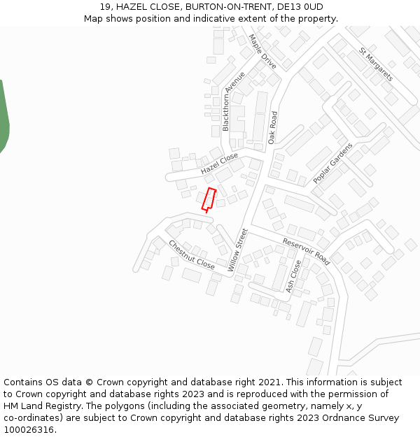 19, HAZEL CLOSE, BURTON-ON-TRENT, DE13 0UD: Location map and indicative extent of plot