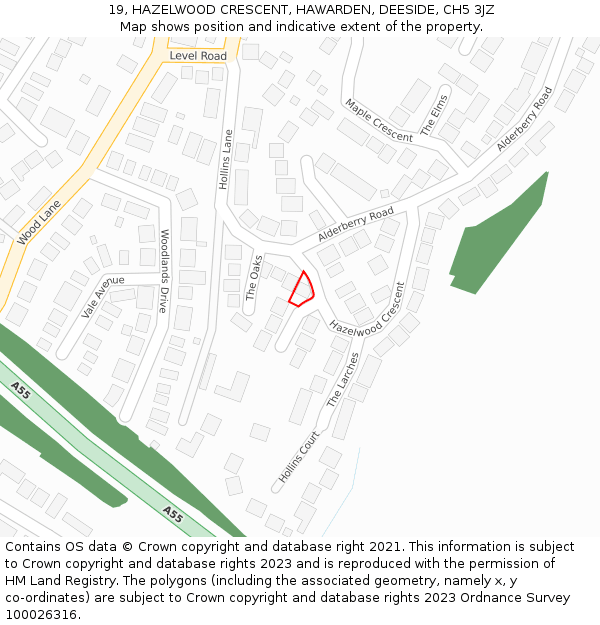 19, HAZELWOOD CRESCENT, HAWARDEN, DEESIDE, CH5 3JZ: Location map and indicative extent of plot