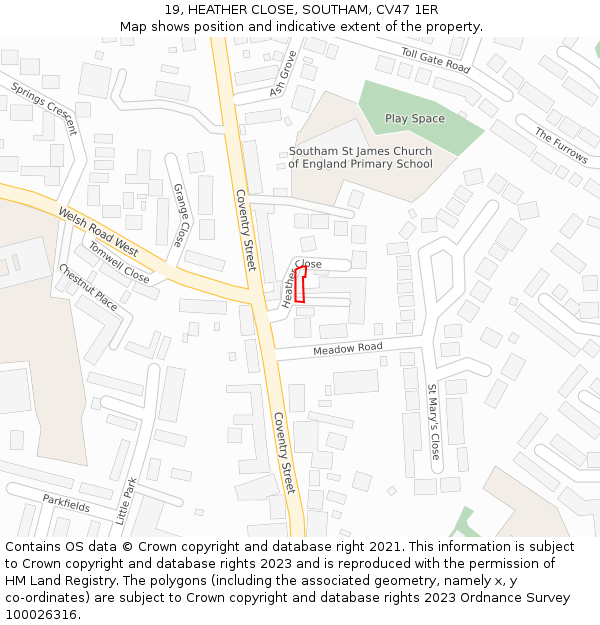 19, HEATHER CLOSE, SOUTHAM, CV47 1ER: Location map and indicative extent of plot