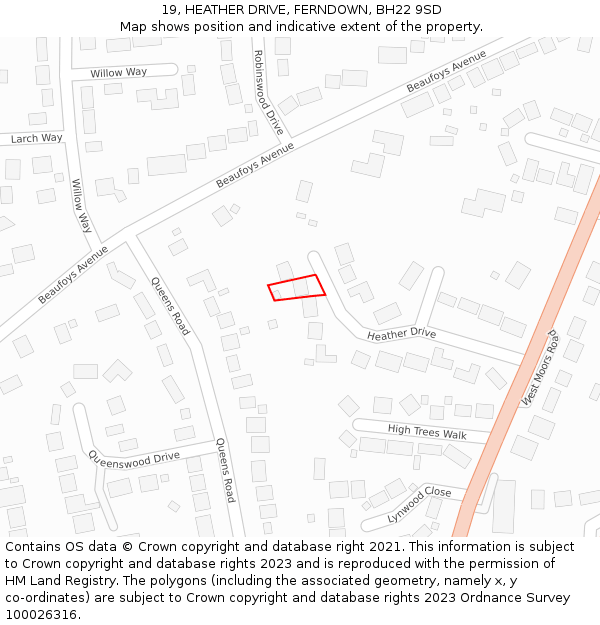 19, HEATHER DRIVE, FERNDOWN, BH22 9SD: Location map and indicative extent of plot