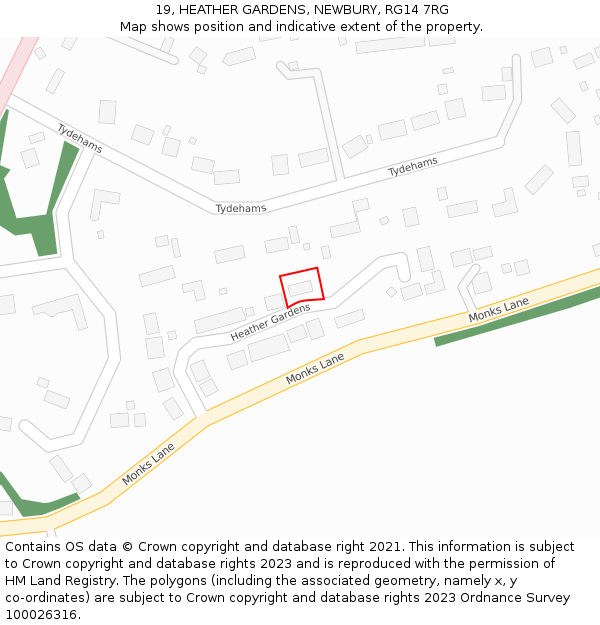 19, HEATHER GARDENS, NEWBURY, RG14 7RG: Location map and indicative extent of plot