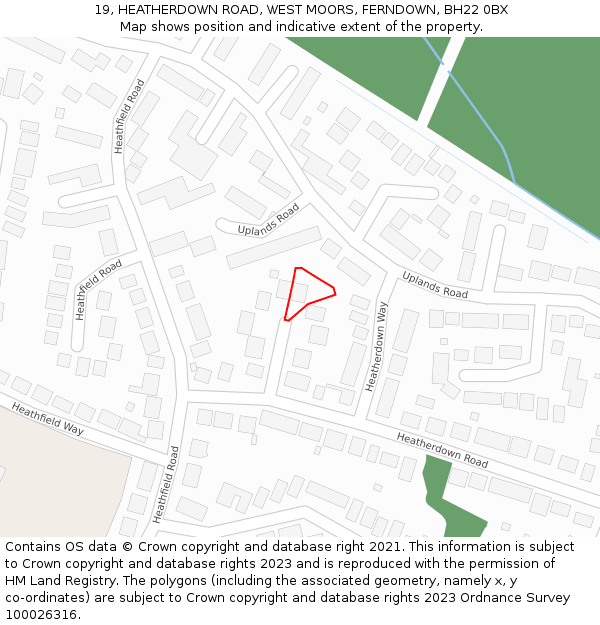 19, HEATHERDOWN ROAD, WEST MOORS, FERNDOWN, BH22 0BX: Location map and indicative extent of plot