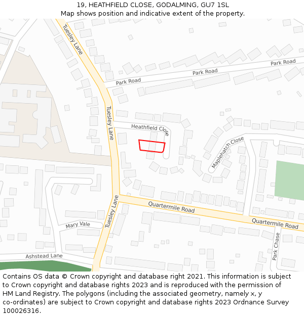 19, HEATHFIELD CLOSE, GODALMING, GU7 1SL: Location map and indicative extent of plot