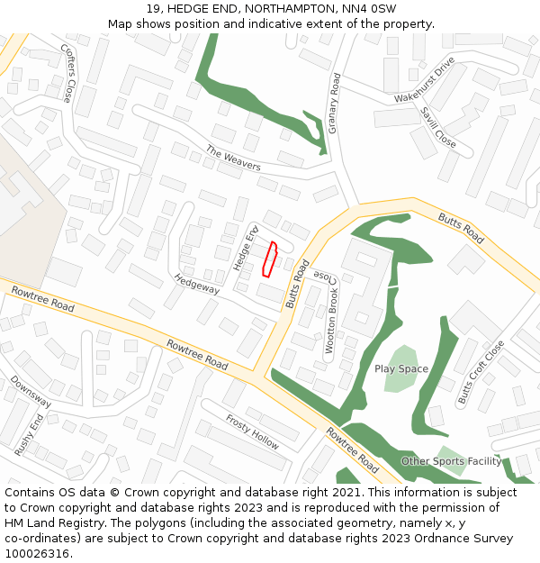 19, HEDGE END, NORTHAMPTON, NN4 0SW: Location map and indicative extent of plot