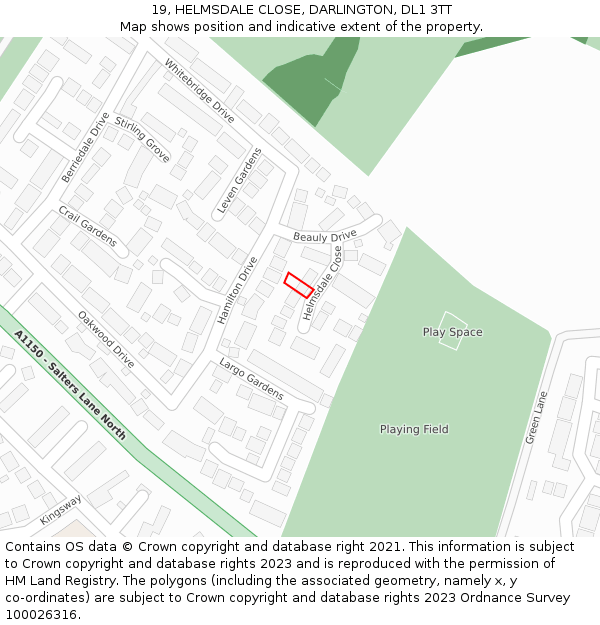 19, HELMSDALE CLOSE, DARLINGTON, DL1 3TT: Location map and indicative extent of plot