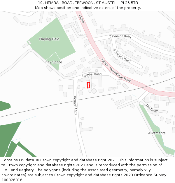 19, HEMBAL ROAD, TREWOON, ST AUSTELL, PL25 5TB: Location map and indicative extent of plot