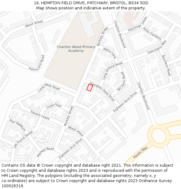 19, HEMPTON FIELD DRIVE, PATCHWAY, BRISTOL, BS34 5DD: Location map and indicative extent of plot