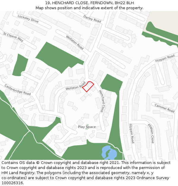 19, HENCHARD CLOSE, FERNDOWN, BH22 8LH: Location map and indicative extent of plot