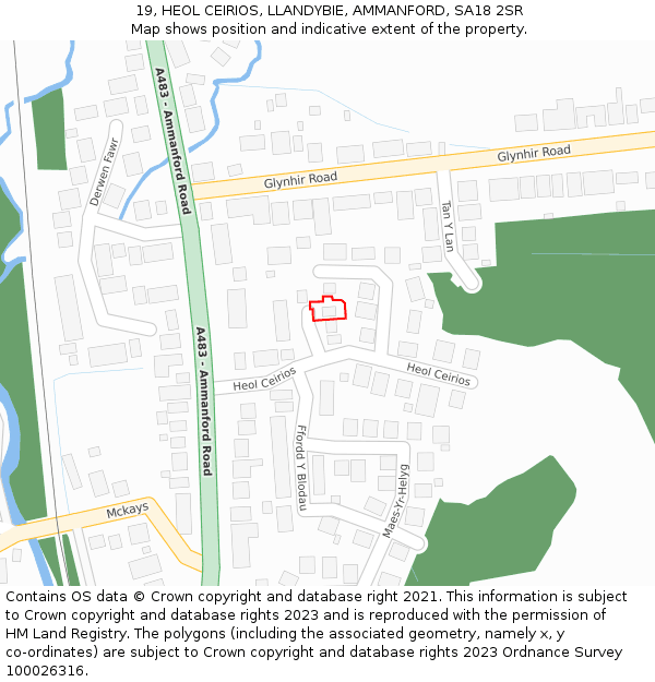 19, HEOL CEIRIOS, LLANDYBIE, AMMANFORD, SA18 2SR: Location map and indicative extent of plot