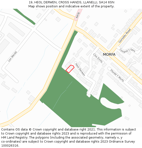 19, HEOL DERWEN, CROSS HANDS, LLANELLI, SA14 6SN: Location map and indicative extent of plot