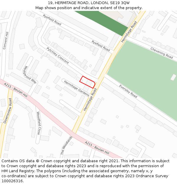19, HERMITAGE ROAD, LONDON, SE19 3QW: Location map and indicative extent of plot